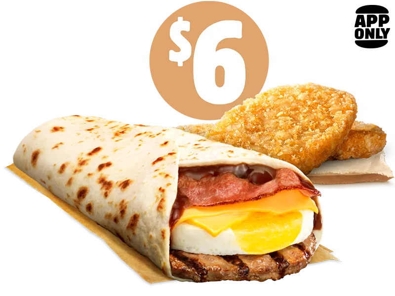 $6 BBQ BREKKY WRAP + 2 HASH BROWNS